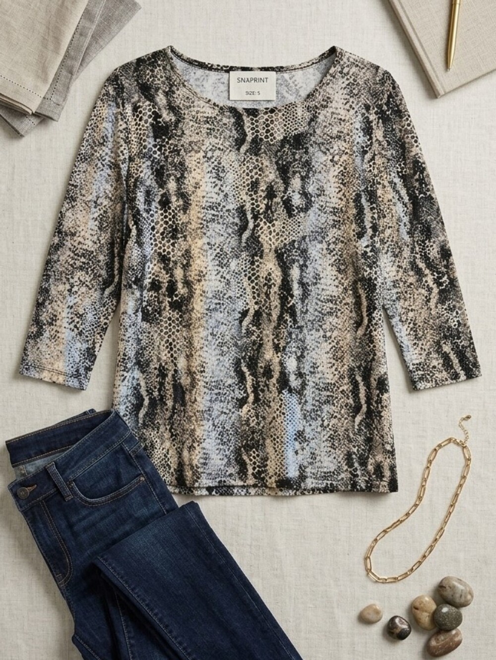 JM Collection Snakeskin Print 3/4 Sleeve Top - PL